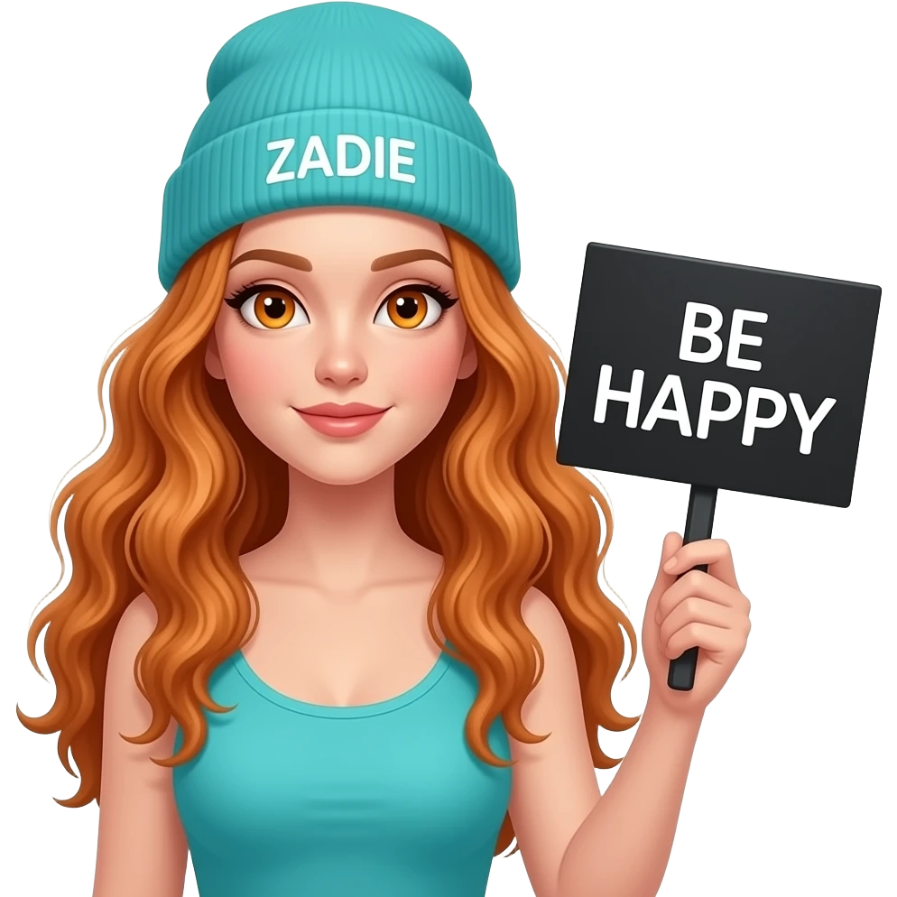 sexy girl with overlong wavy ginger hair and ginger eyes wearing a turquoise tanktop and a turquoise beanie with ZADIE written on it, is holding a black sign with BE HAPPY written on it emoji