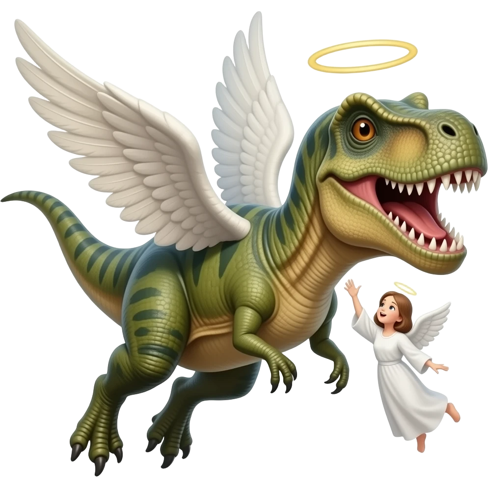 crea a un dinosaurio volando con alas de angel con una sonrisa muy fuerte y grande y con angeles a lado chiquitos cantando emoji