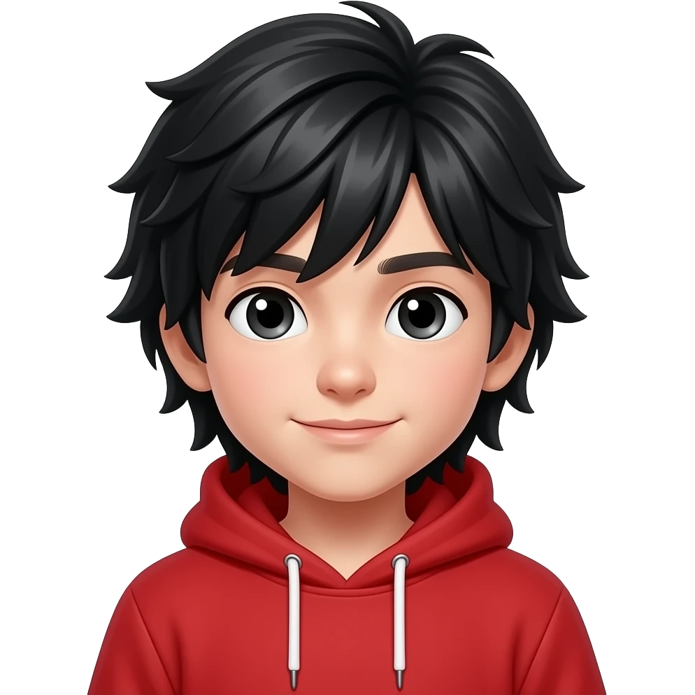 A boy with black long hair and has a Red hoodie emoji