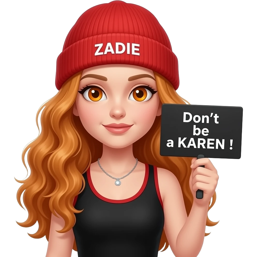 sexy girl with overlong wavy ginger hair and ginger eyes wearing a black red tanktop and a red beanie with ZADIE written on it, is holding a black sign with Don't be a KAREN! written on it emoji