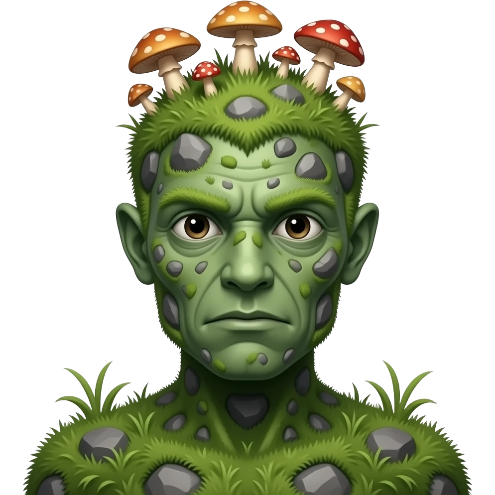 A humanoid thing with grass on it with rocks on it different mushroom growing on its head with no ears or mouth one singlee emoji