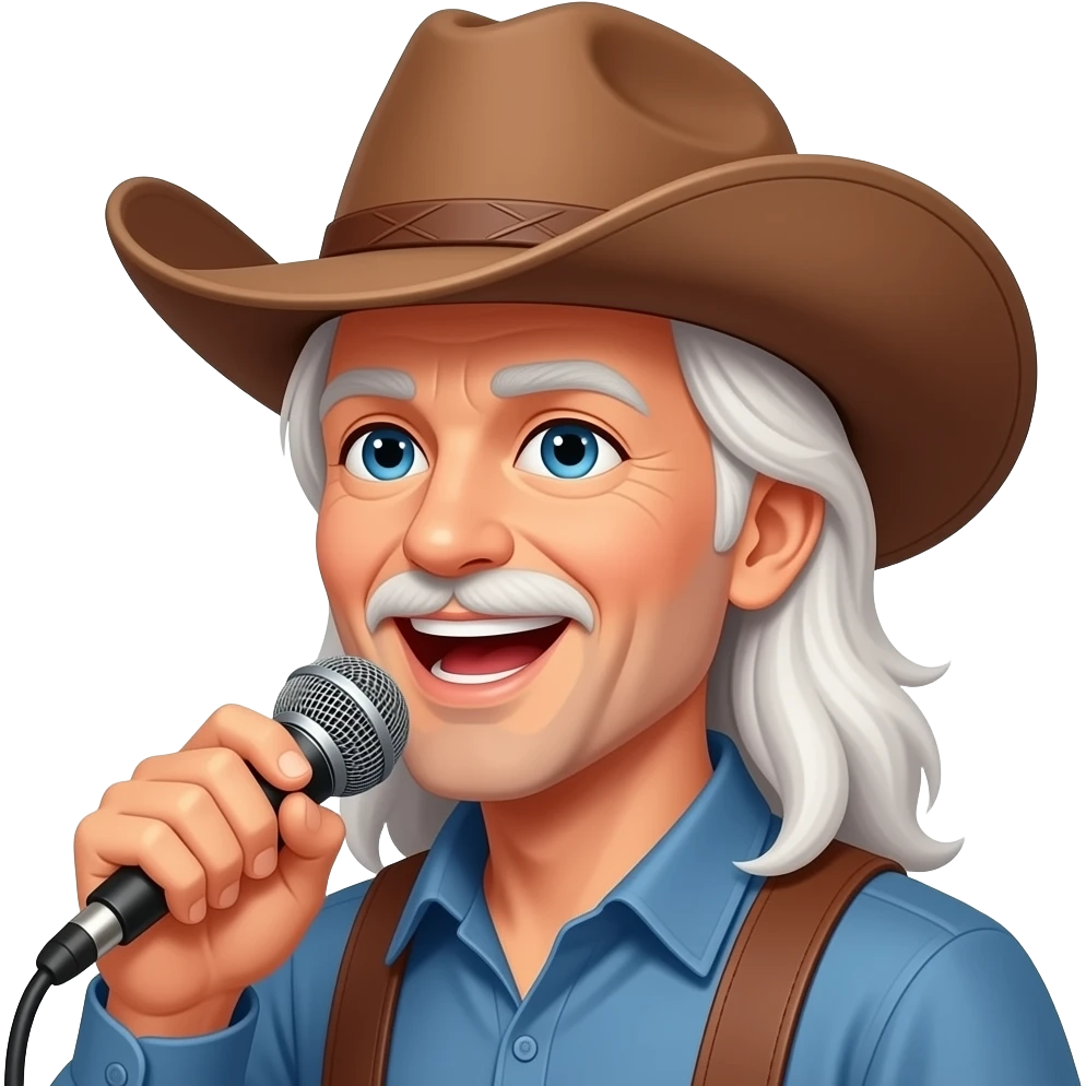 Emoji of man in brown cowboy hat with long white hair singing into a mike emoji