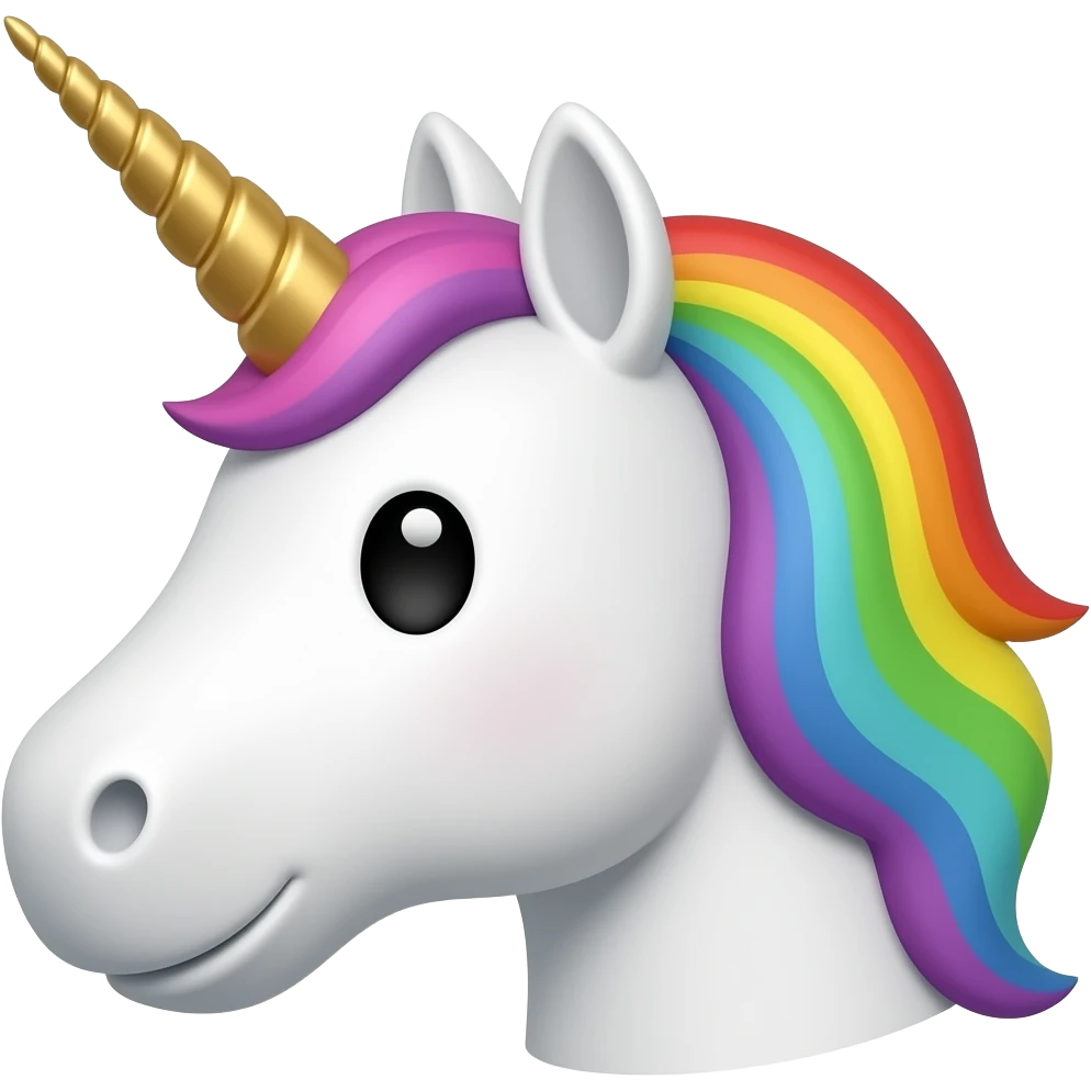 Whimsical funny face of a white unicorn, golden horn, rainbow mane, black eyes. Minimalism, in profile emoji