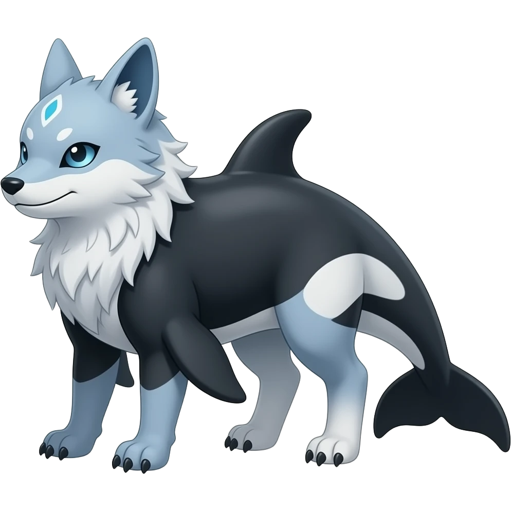 Bluish blackish whitish greyish gradients Absol-Amaura-Xerneas-Aurorus-Vulpix-hybrid with orca tail emoji