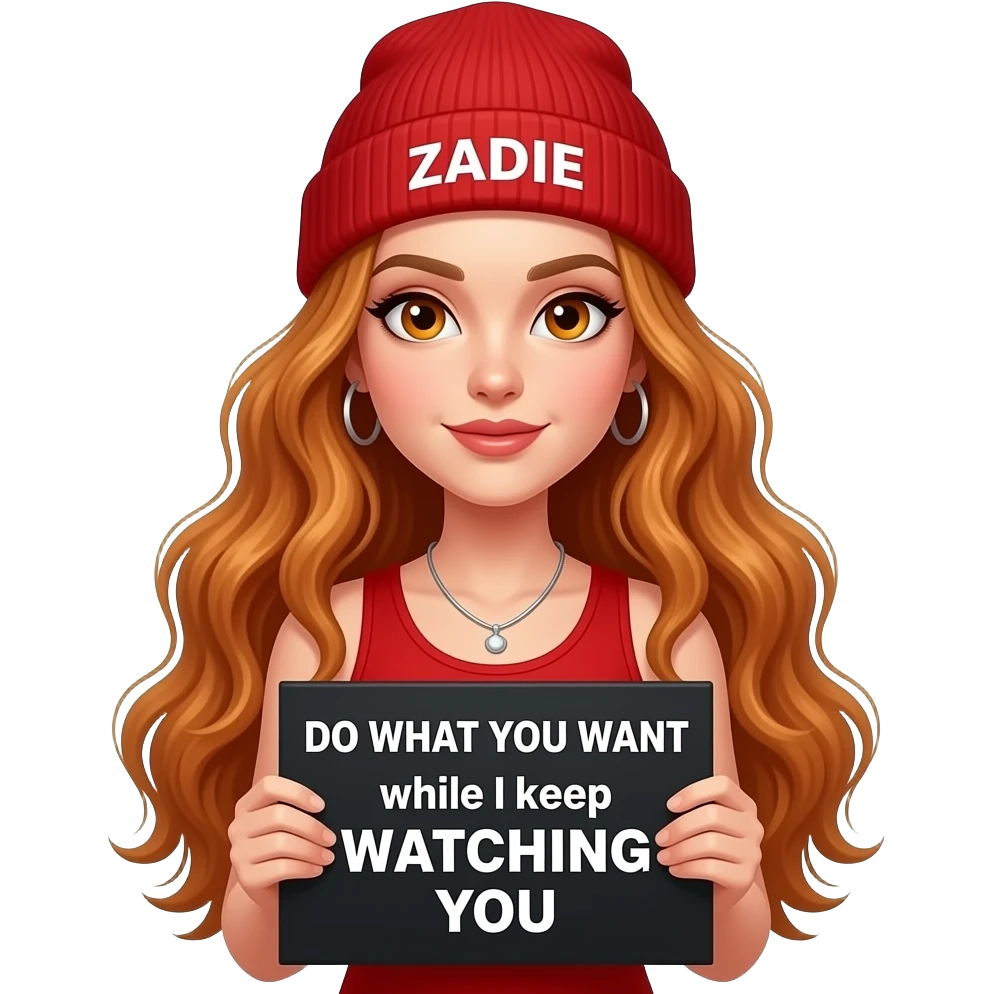 sexy girl with overlong wavy ginger hair and ginger eyes wearing a red tanktop and a red beanie with ZADIE written on it, is holding a black sign with DO WHAT YOU WANT while I keep WATCHING YOU written on it emoji