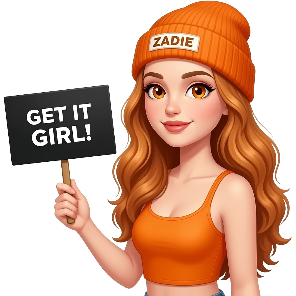sexy girl with overlong wavy ginger hair and ginger eyes wearing a orange tanktop and a orange beanie with ZADIE written on it, is holding a black sign with GET IT GIRL! written on it emoji
