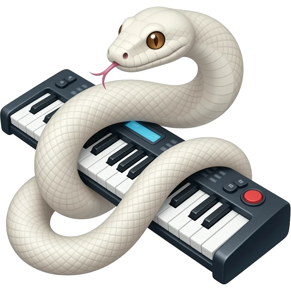 albino boa constrictor wrapped around futuristic tubular musical keyboards emoji