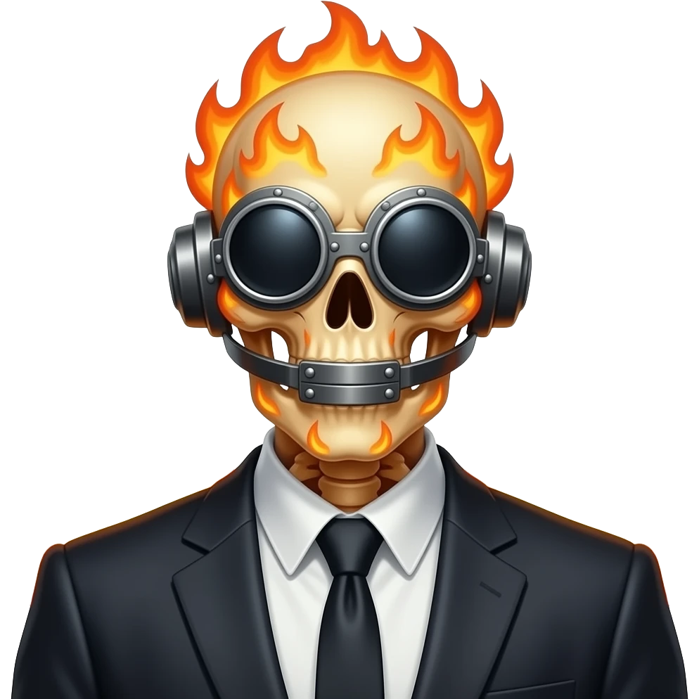 a skeletal figure wearing a suit who embodies the phrase "See no evil, hear no evil, speak no evil" as well as a symbol of censorship. His eyes are covered by a riveted-on visor, his mouth is clamped shut and his ears capped. His entire body is on fire emoji
