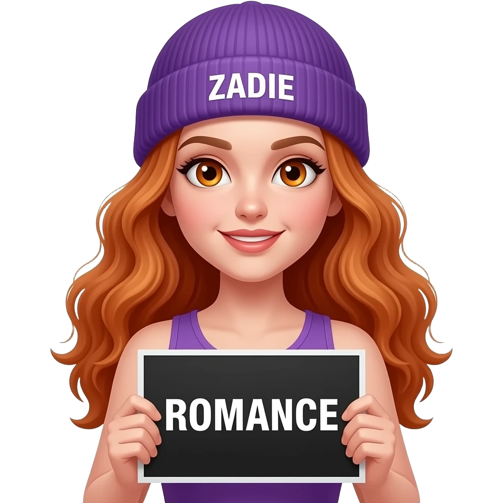sexy girl with overlong wavy ginger hair and ginger eyes wearing a purple tanktop and a purple beanie with ZADIE written on it, is holding a black sign with ROMANCE written on it emoji