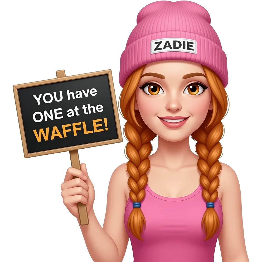 sexy girl with overlong ginger braids and ginger eyes wearing a pink tanktop and a pink beanie with ZADIE written on it, is holding a black sign with YOU have ONE at the WAFFLE! written on it emoji