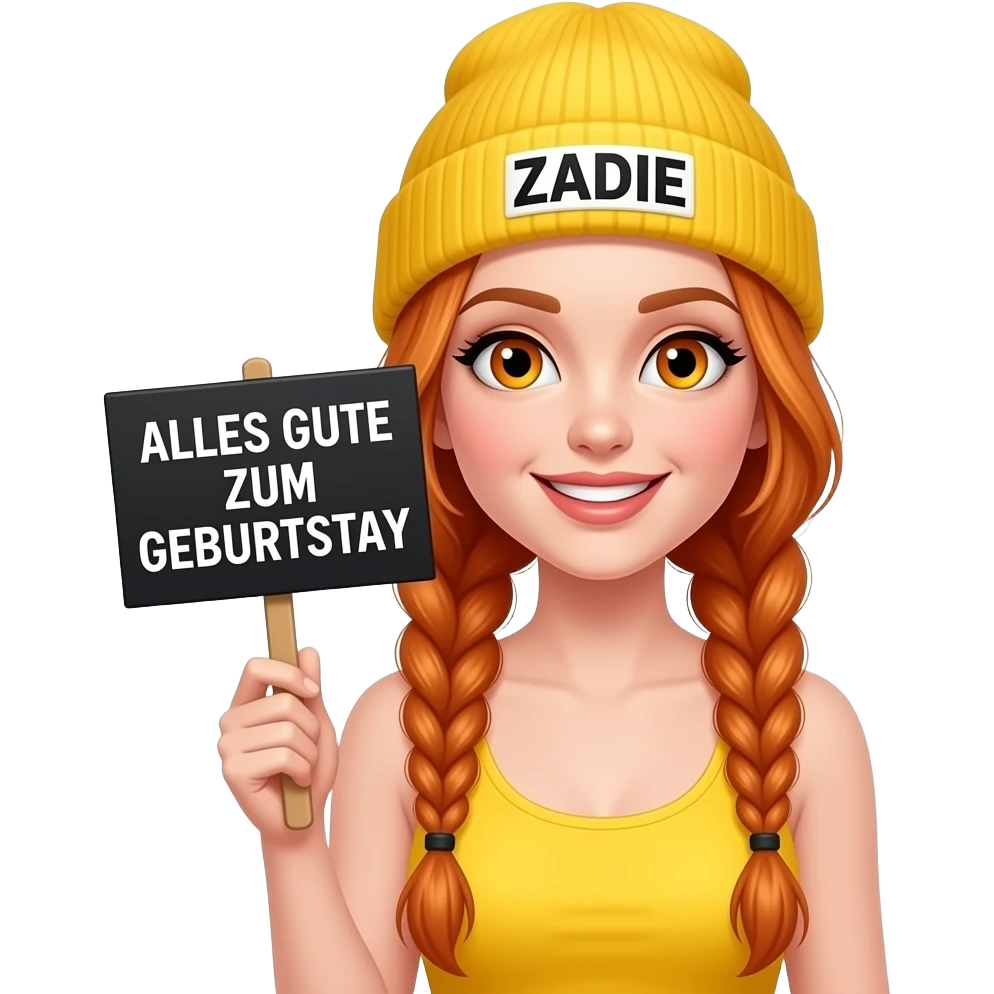 sexy girl with overlong ginger braids and ginger eyes wearing a yellow tanktop and a yellow beanie with ZADIE written on it, is holding a black sign with ALLES GUTE ZUM GEBURTSTAG written on it emoji