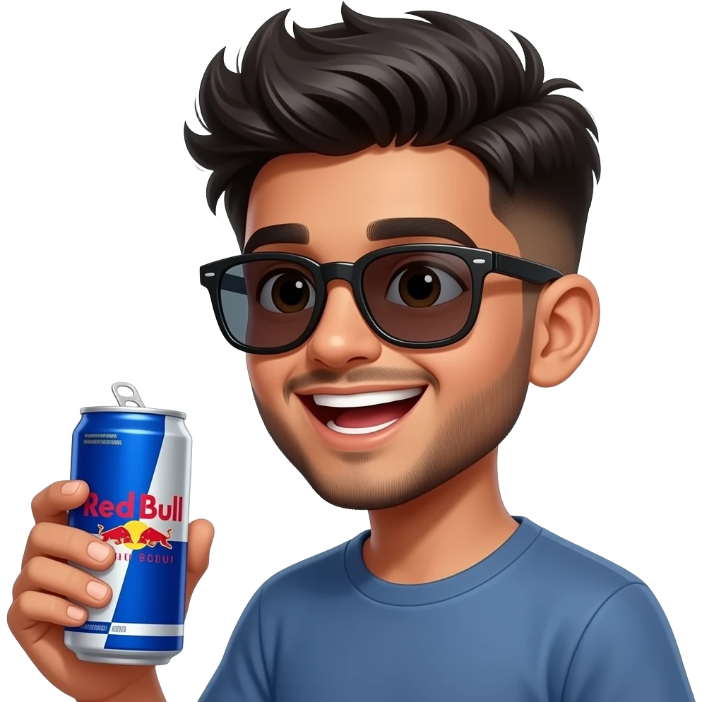Indian boy giggling, young, late teens, with light trimmed beard, side fades with messy spikes hairstyle, drinking red watermelon Can Red Bull with big wayfarers emoji