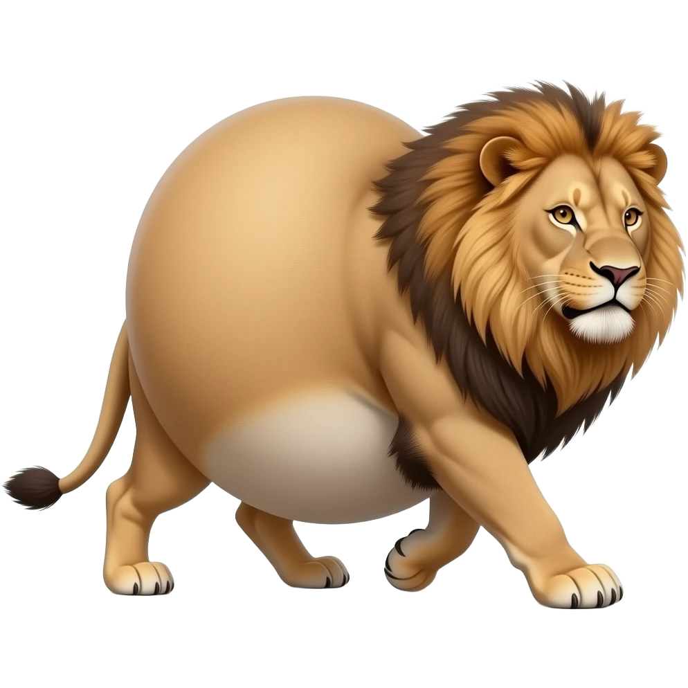 A reality lioness,trying to walk normally,but her huge overstuffed tummy rolls side to side,the lioness ate way too much,she became so fat,she has the biggest pot belly. emoji