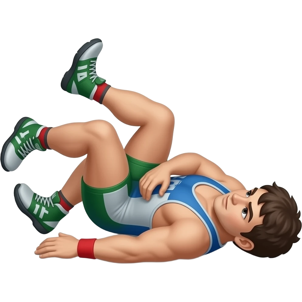 Erstelle ein Bild von zwei Uni-Wrestler in kurzen, knappen und engen Wrestler-suits, die beiden haben unterschiedlich Farben an (Grün und blau) und sie ringen liegend miteinander auf dem Boden emoji