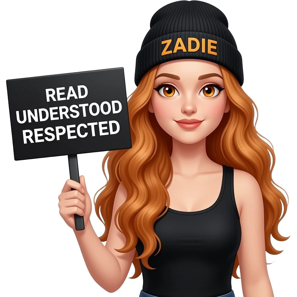 sexy girl with overlong wavy ginger hair and ginger eyes wearing a black tanktop and a black beanie with ZADIE written on it, is holding a black sign with just READ UNDERSTOOD and RESPECTED on it emoji