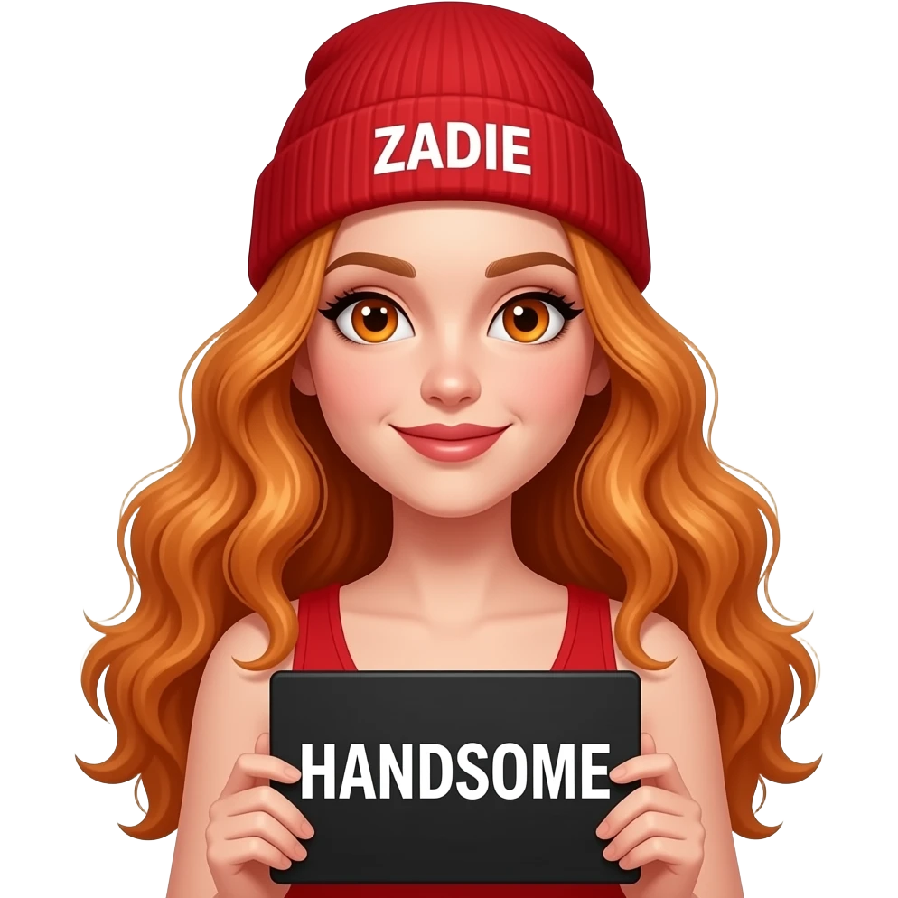 sexy girl with overlong wavy ginger hair and ginger eyes wearing a red tanktop and a red beanie with ZADIE written on it, is holding a black sign with HANDSOME written on it emoji