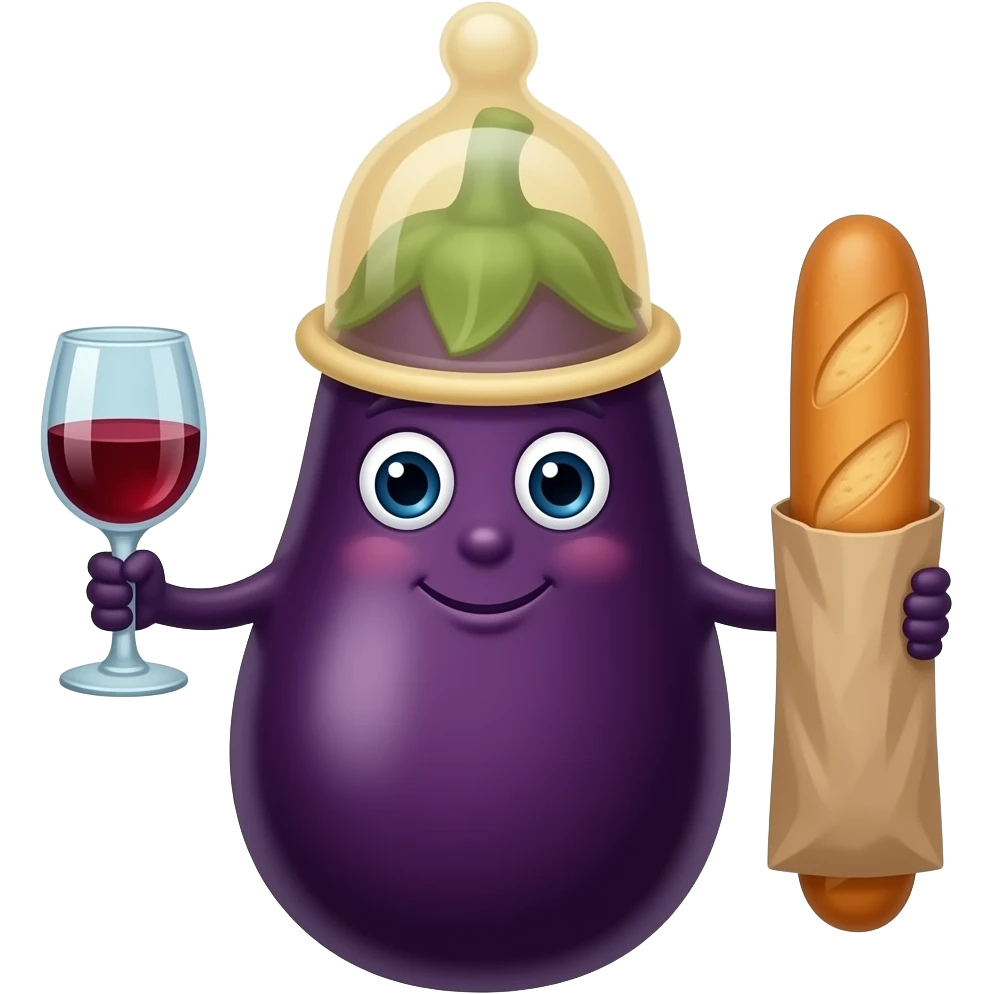Aubergine couchée ave un preservatif sur la tete et tenant une petite bouteille de vin dans une main et une baguette dans l'autre. Un bigorneau plus haut que le preservatif emoji