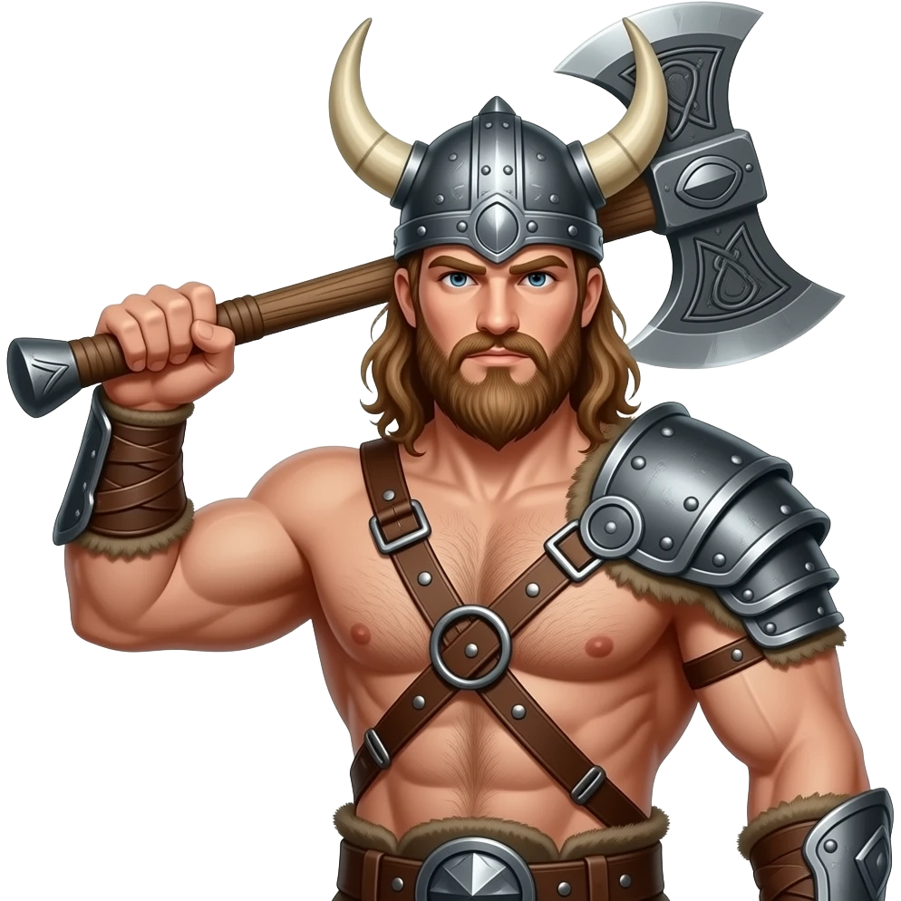 Nahaufnahme von einem Vikinger mit nackten muskulösem körper und einer behaarten und kräftigen männlichen Brust, mit Leder Riemen und Schulterpanzer. Er schwinkt eine Axt mit seiner rechten Hand und trägt ein Helm mit Hörnern und Bart emoji