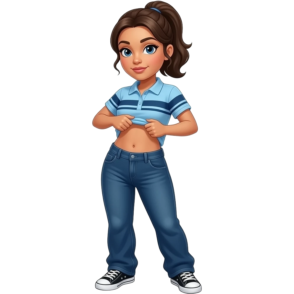 Hispanic woman with brown ponytail and blue eyes light blue dark blue lined polo and dark blue baggy jeans and belly button and black and white sneakers lifting her shirt funny belly trick emoji