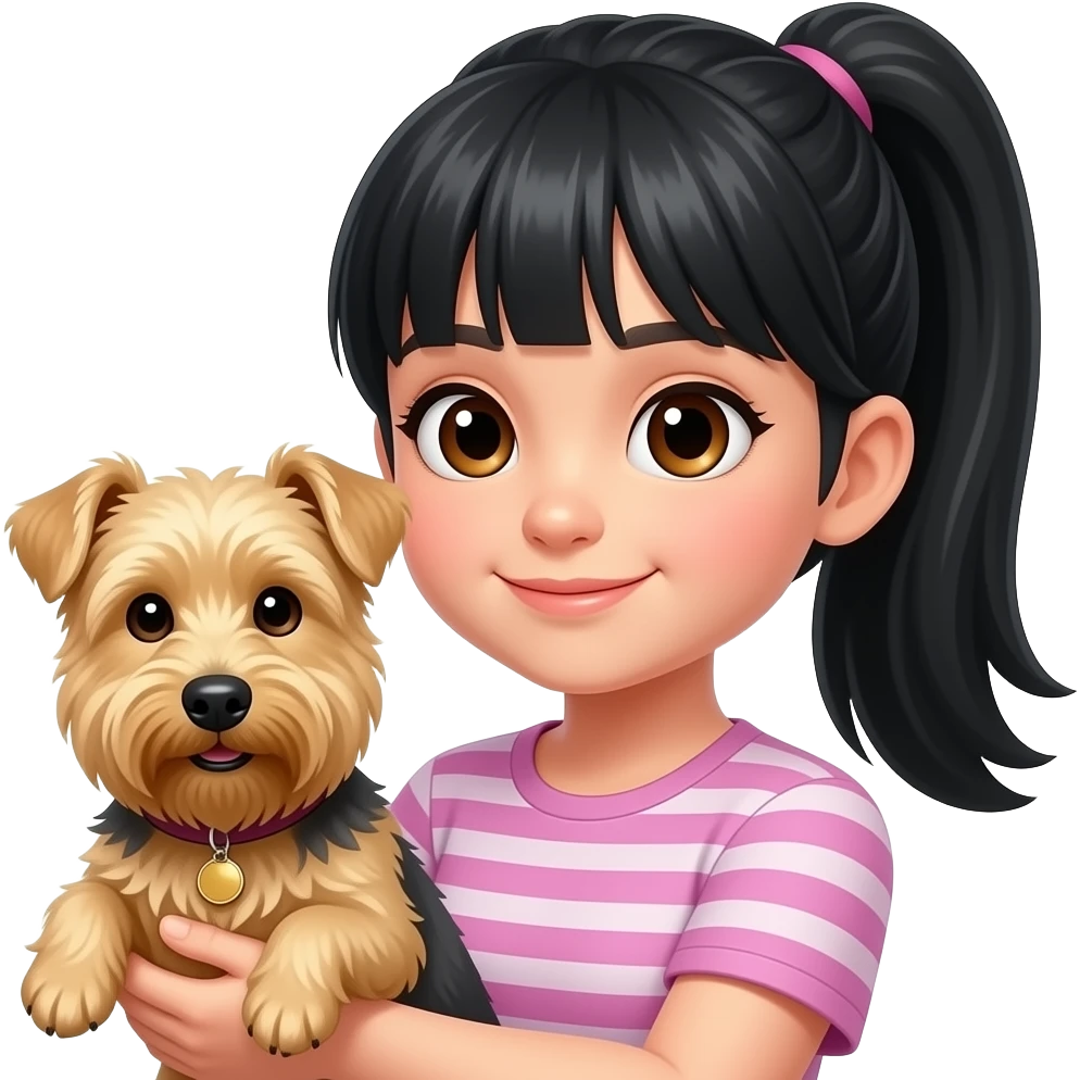 Girl with black hair ponytail (no fringe) and brown eyes holding a blonde terrier dog emoji