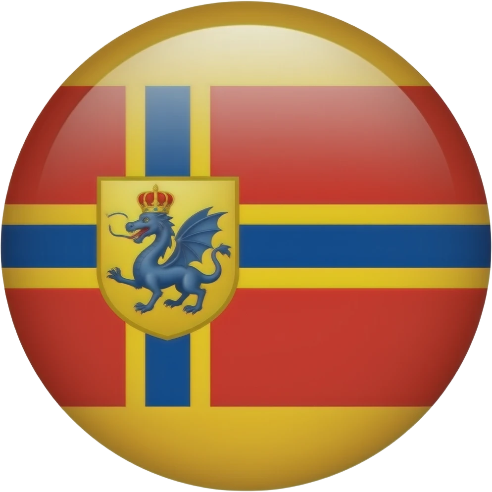 Flag shape Emoji of Jacobland flag Nordic cross yellow red background where cross meets add shield yellow same color as cross and inside blue dragon red crown on top emoji