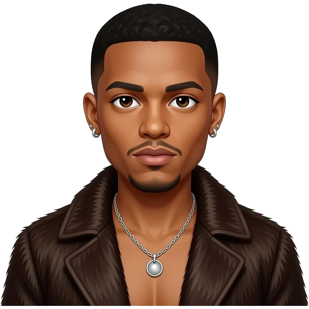 Chris Brown with dark brown eyes, black buzz cut hair, dark brown fur coat, shirtless with necklace and earrings emoji