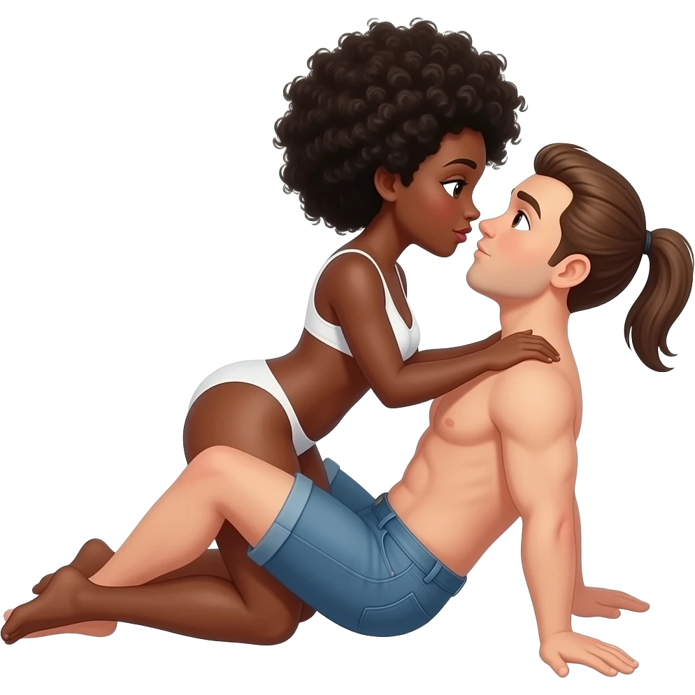 A black woman with Afro having sex with white man with brown hair pony tail in missionary position emoji