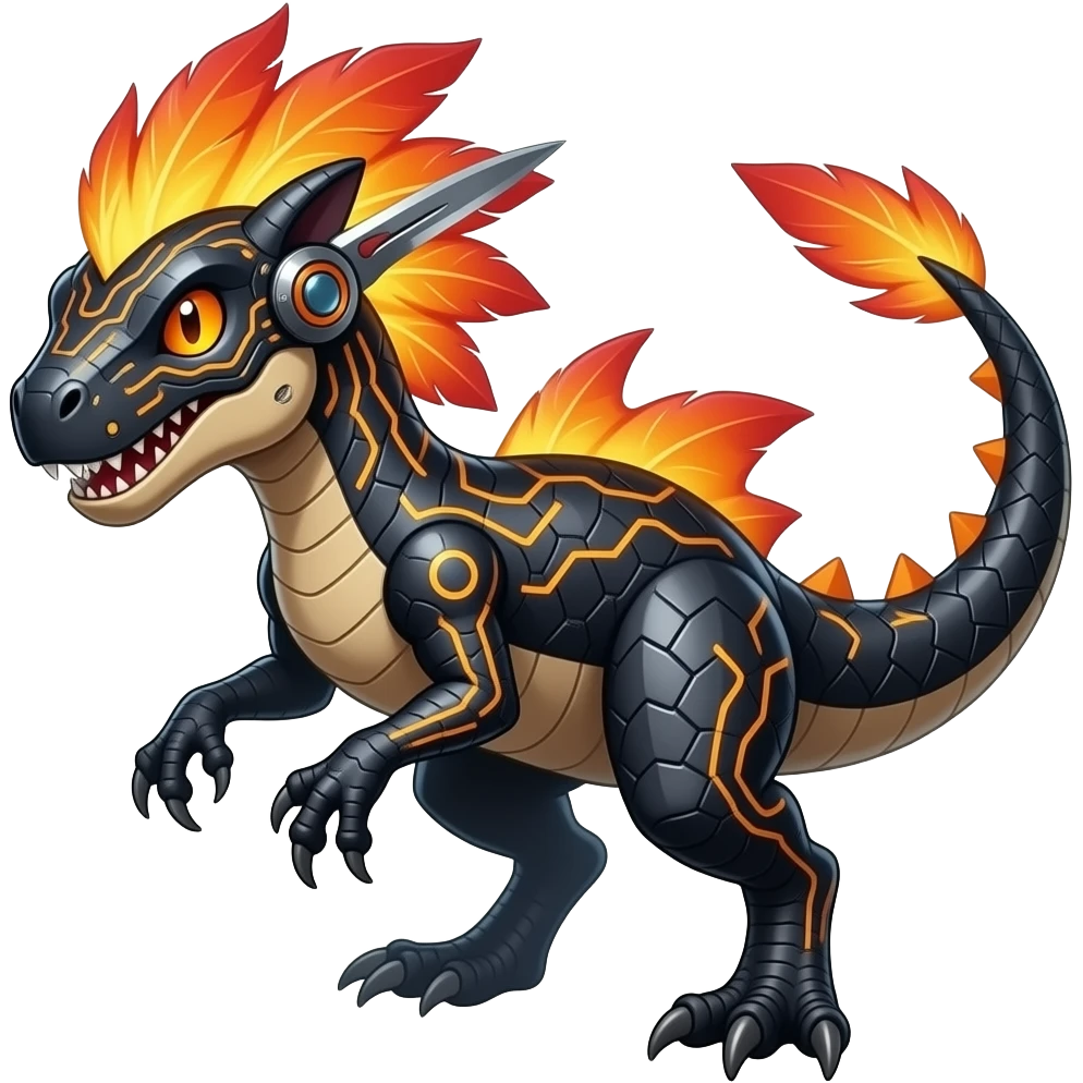 Cool edgy fiery cybernetic electrical visor-helmeted, Circuitry-patterned black-scaled digitigrade futuristic raptorik fantasy-Cyberpunk-Steampunk-Solarpunk-Genesect-Salamence-Cyclizar-Salazzle-Feraligatr-Fakémon-animal-hybrid, with neon feather-mane, and a tail blade, back spikes emoji