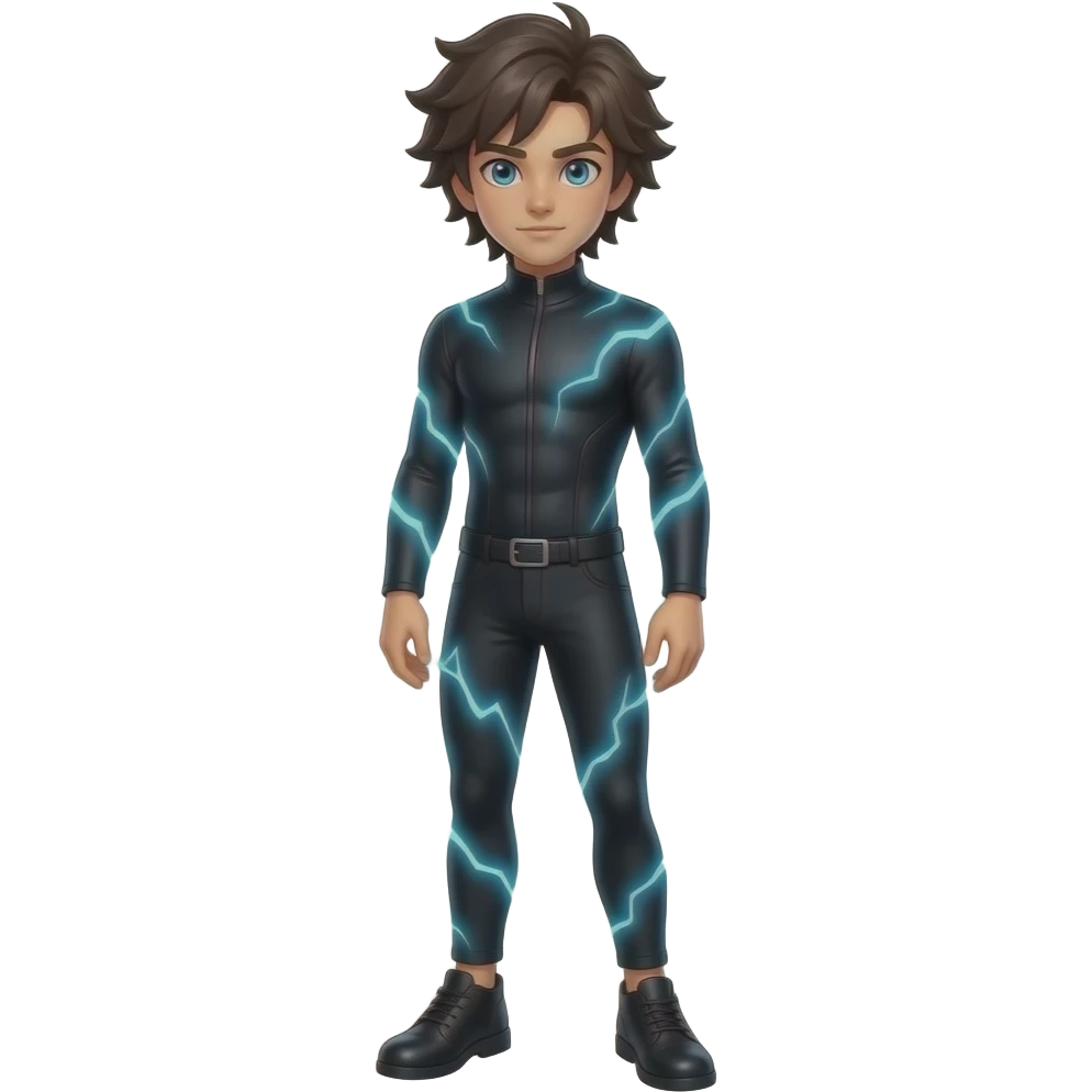 young male with long, messy dark brown hair, glowing cyan blue eyes, wearing a black body suit, black leggings, black shoes with a blue electrical current surrounding him emoji