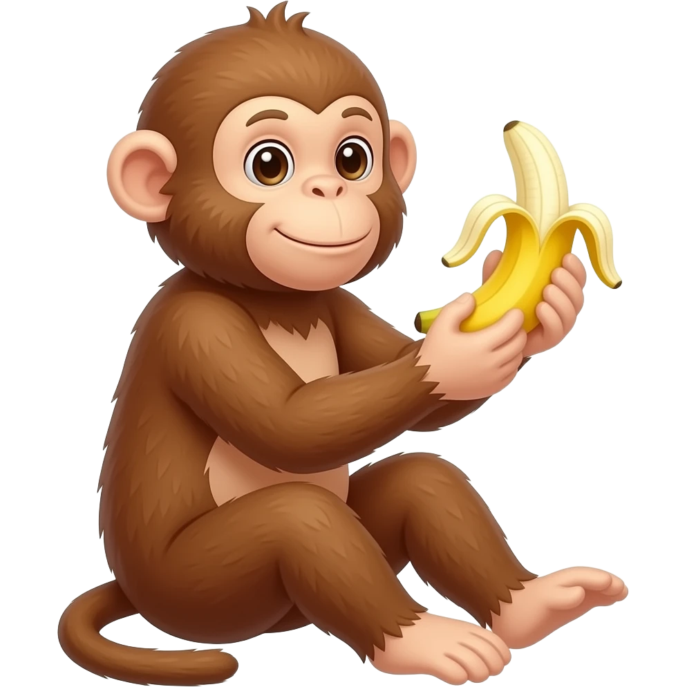 The monkey is sitting sideways holding a banana in his hands emoji