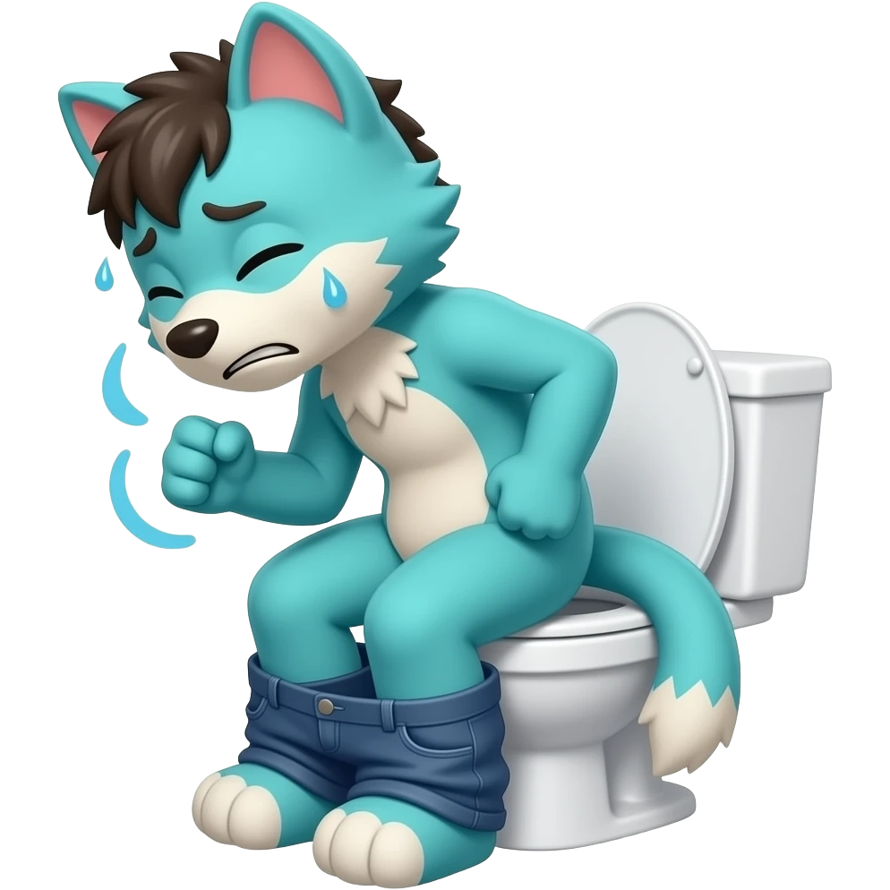 cyan fursuit sitting on toilet, side view , pants down, pushing, straining face,  uncomfortable, constipation , sweating, red face emoji