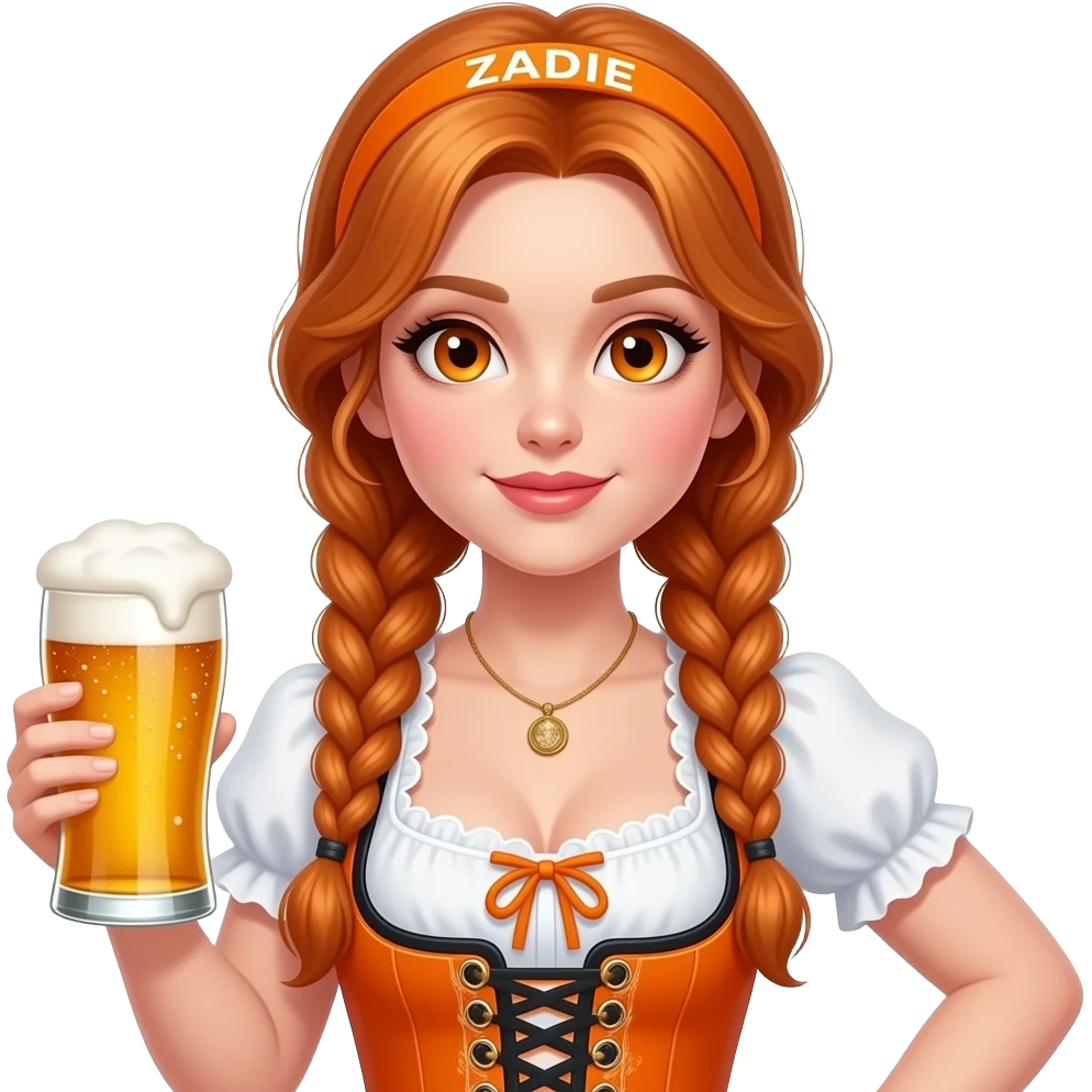 sexy girl with overlong ginger braids and ginger eyes wearing a orange dirndl and a orange headband with ZADIE written on it, is holding a mass beer emoji