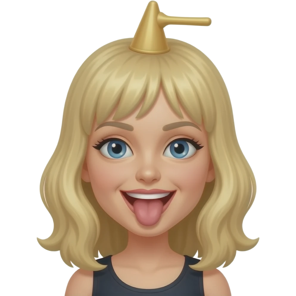 Une femme blonde jolie folle avec un petit entonnoir sur la tete qui tire la langue emoji