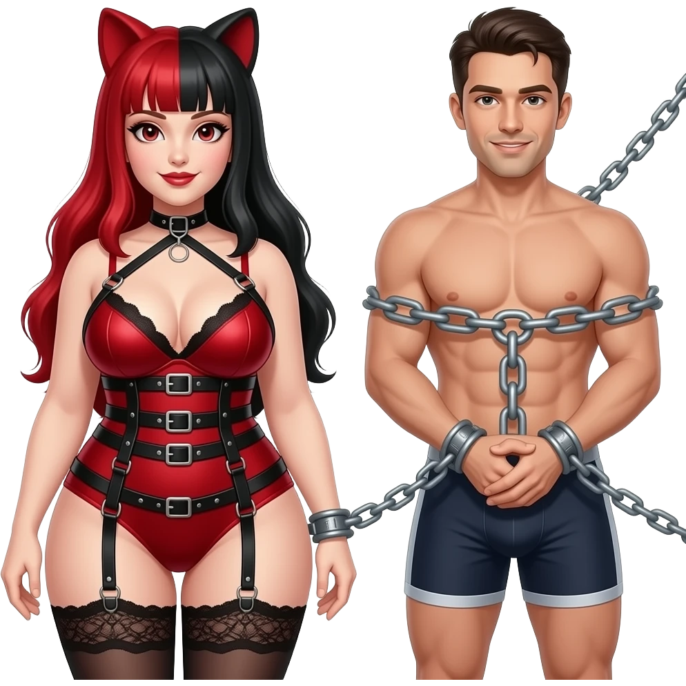 Dominatrix wearing a darkred bdsm style harness lingerie. White skin, chubby, halflong dark Make the girl have long red and black hair and male partner in boxers getting chained up emoji