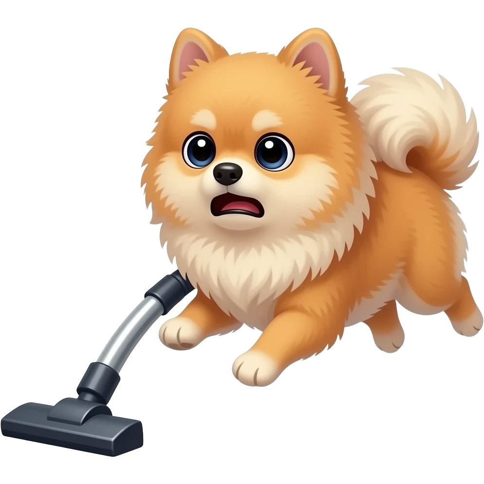 The Pomeranian runs away in fear at the sound of the vacuum cleaner. emoji