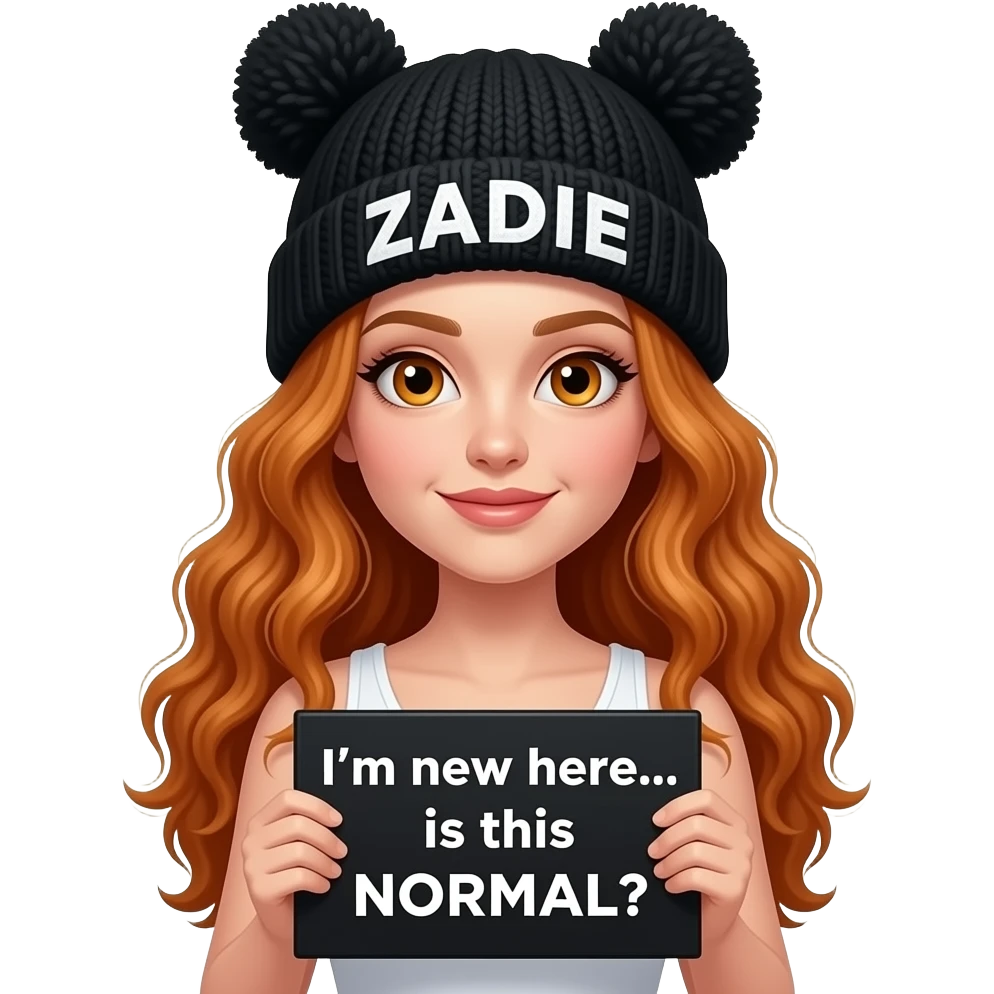sexy girl with overlong wavy ginger hair and ginger eyes wearing a white tanktop and a black pom hat with ears with ZADIE written on it is holding a black sign with I'm new here... is this NORMAL? on it emoji