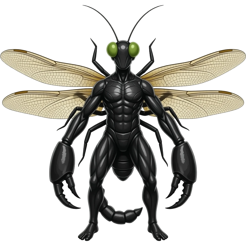 a black widow spider body with dragonfly wings, a scorpion tail and pinchers, and a praying mantis head, insectoid fusion, realistic, emoji