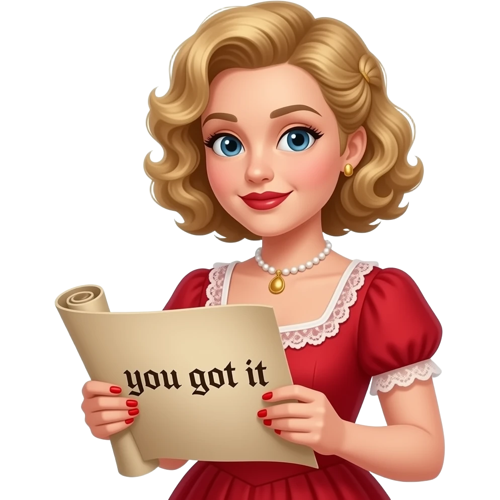 Short curly blond hair side swept Holding an open scroll saying you got it with red nail polish, brown lipstick and red vintage dress emoji