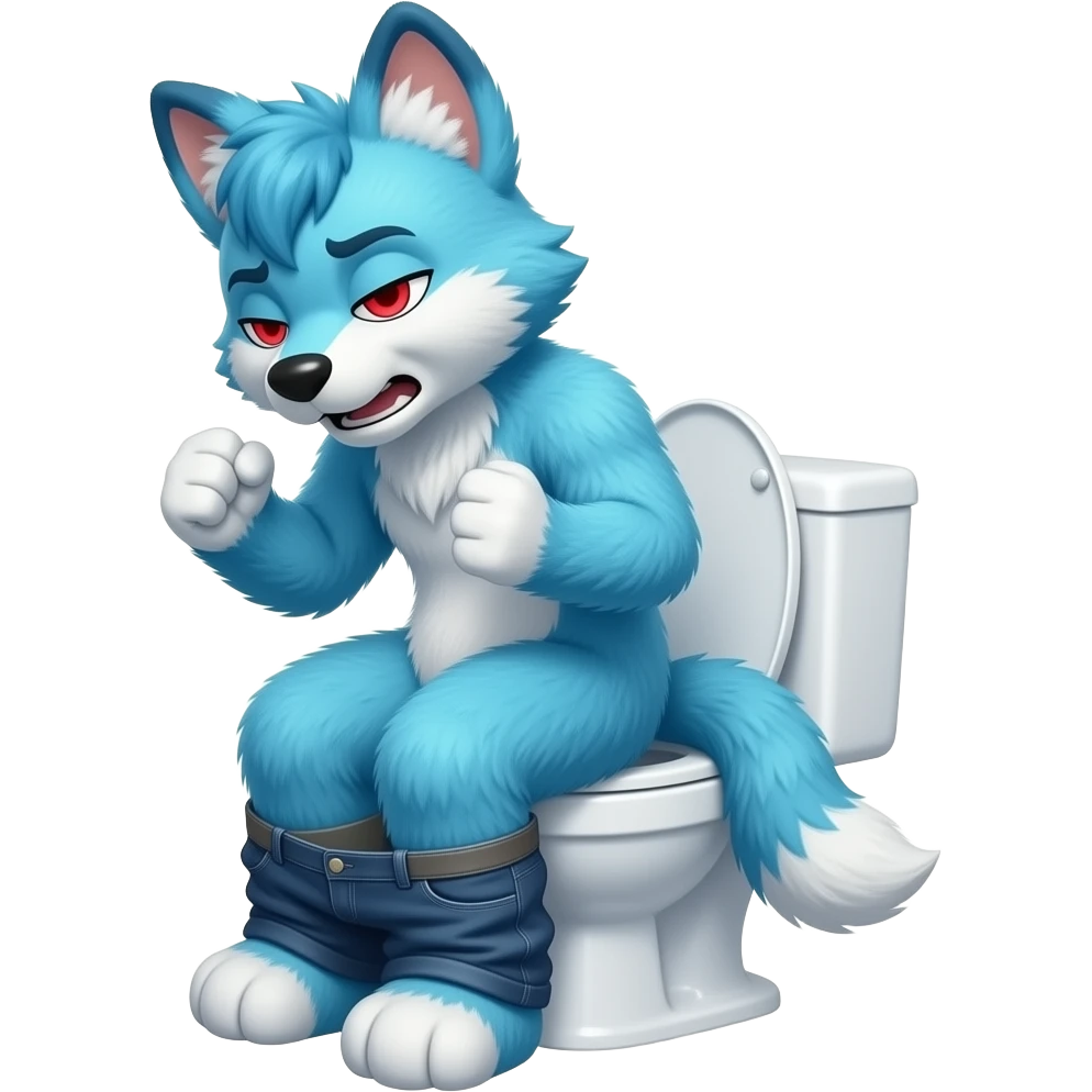 blue furry fursuit sitting on toilet, side view, pants down, straining face, eyes closed, pushing, squeezing, red eyes, both fists emoji