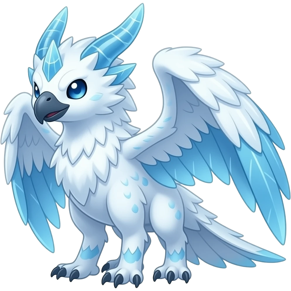 Cold cool icy glacial wintery ice-horned fuzzy furry feathery snowy white and ice-blue beautiful gorgeous attractive pretty Raptorik scaley feathery horned Amaura-Wargreymon-Aurorus-ExVeemon-WereGarurumon-Pokémon-Fakémon-hybrid-fusion-creature, full body emoji