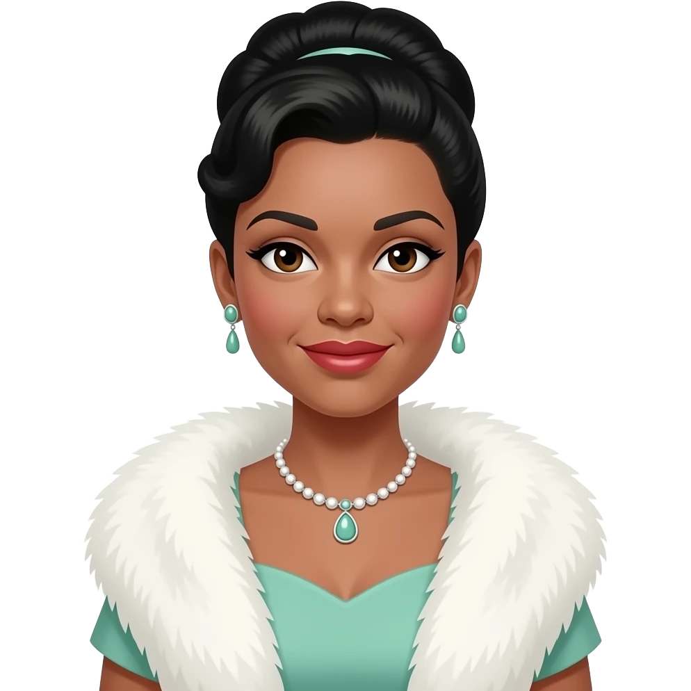 Mary Wilson with brown eyes, black 1960s beehive hair, mint green dress, white fur shawl, necklace and earrings emoji