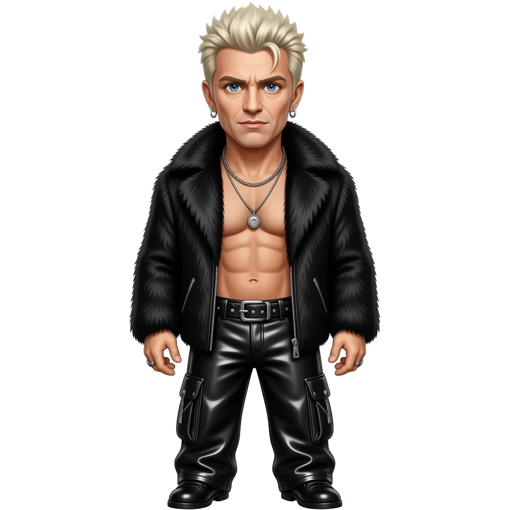 Billy Idol with blue eyes, white blonde hair, black fur shawl, black metallic baggy pants, shirtless with necklace and earrings emoji