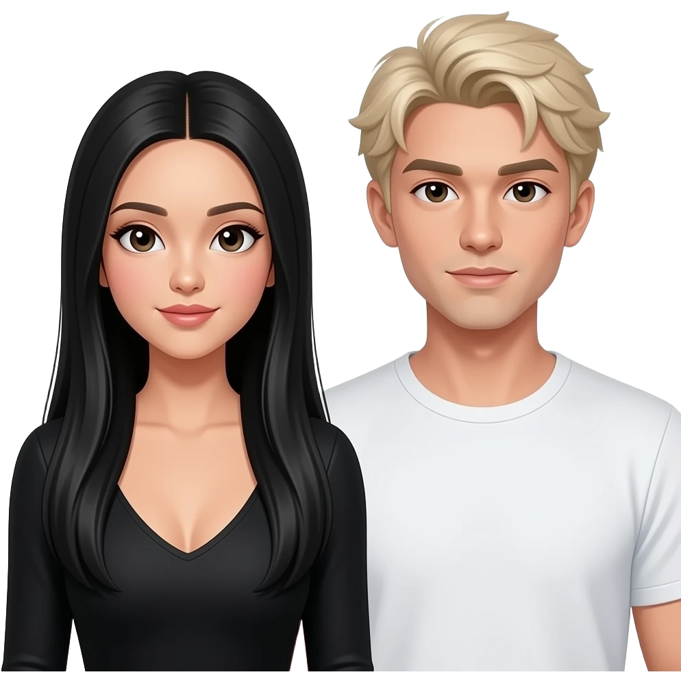 female with wasian lighter skin features, long black straight hair with a middle part, and a low cut long sleeve black top, hair is flowing and waist length, standing next to white blonde boyish husband with strong jaw good looking long neck emoji