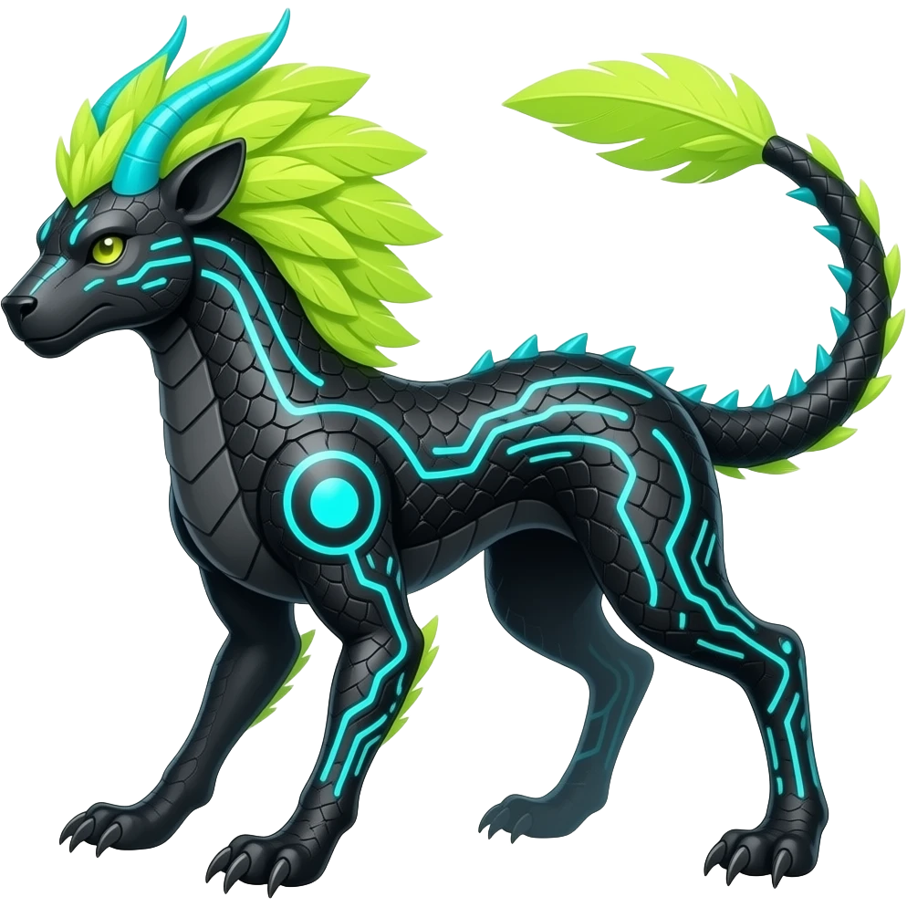 Cool edgy fiery cybernetic technological Circuitry-patterned black-scaled with neon-cyan stripe markings digitigrade futuristic raptorik fantasy-Cyberpunk-Steampunk-Solarpunk-Genesect-Salamence-Cyclizar-Salazzle-Feraligatr-Fakémon-animal-hybrid, with neon feather-mane, and a tail blade, back spikes emoji