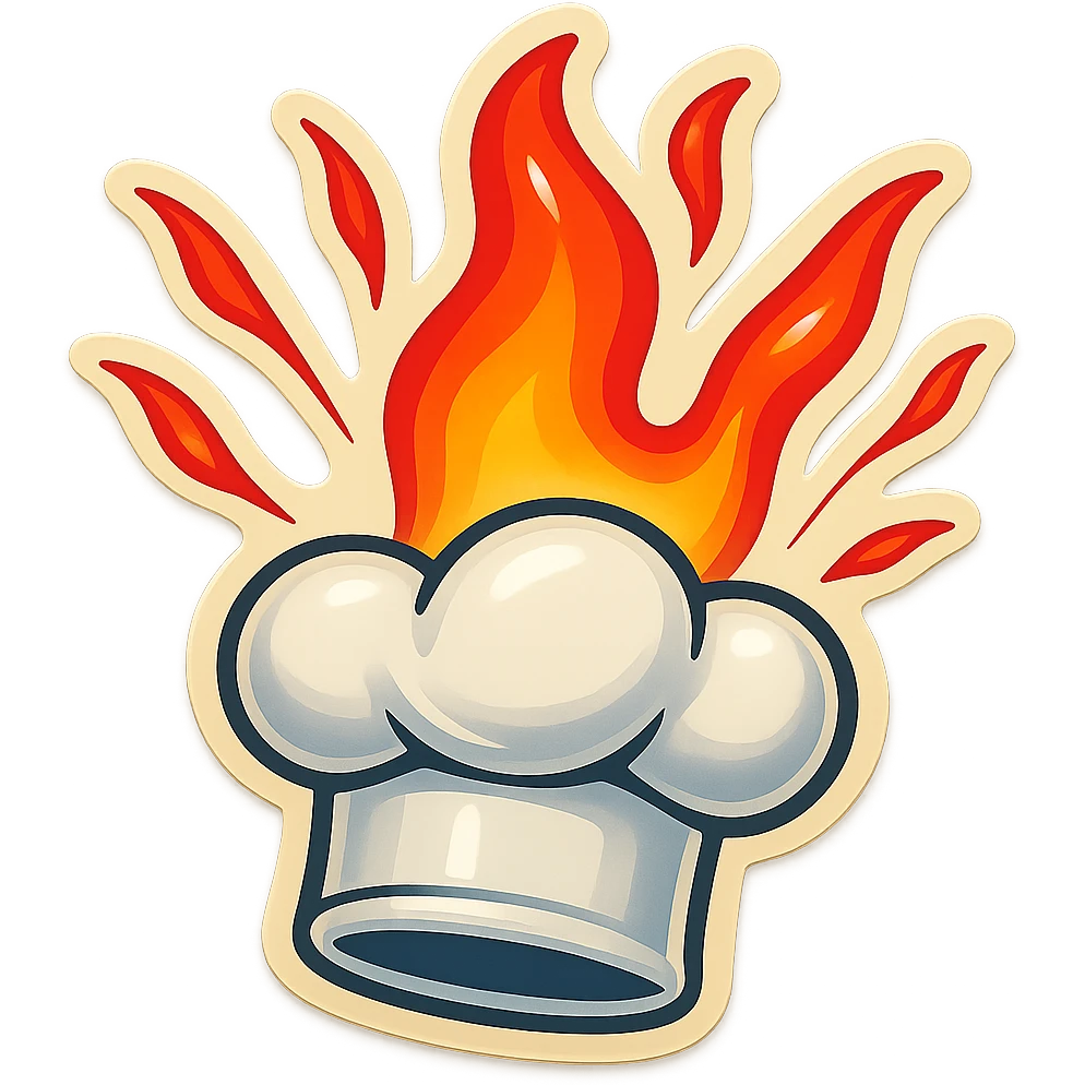 chef's hat explode with trails of fires, emoji, playful, flame red gradient, hat is pure white, vibrant, flame matching style reference file emoji