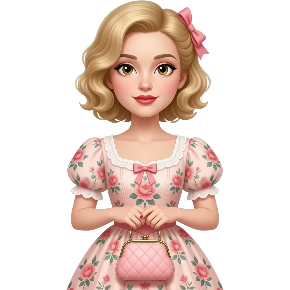 extremely Short blonde curly hair side swept brown lipstick in a peach floral Victorian dress, red nails. holding a Victorian peach purse and black eyebrows emoji