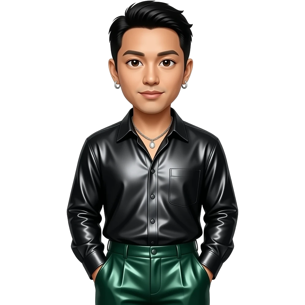 Mike Shinoda with dark brown eyes, black hair, black metallic blouse, dark green metallic baggy pants, necklace and earrings emoji