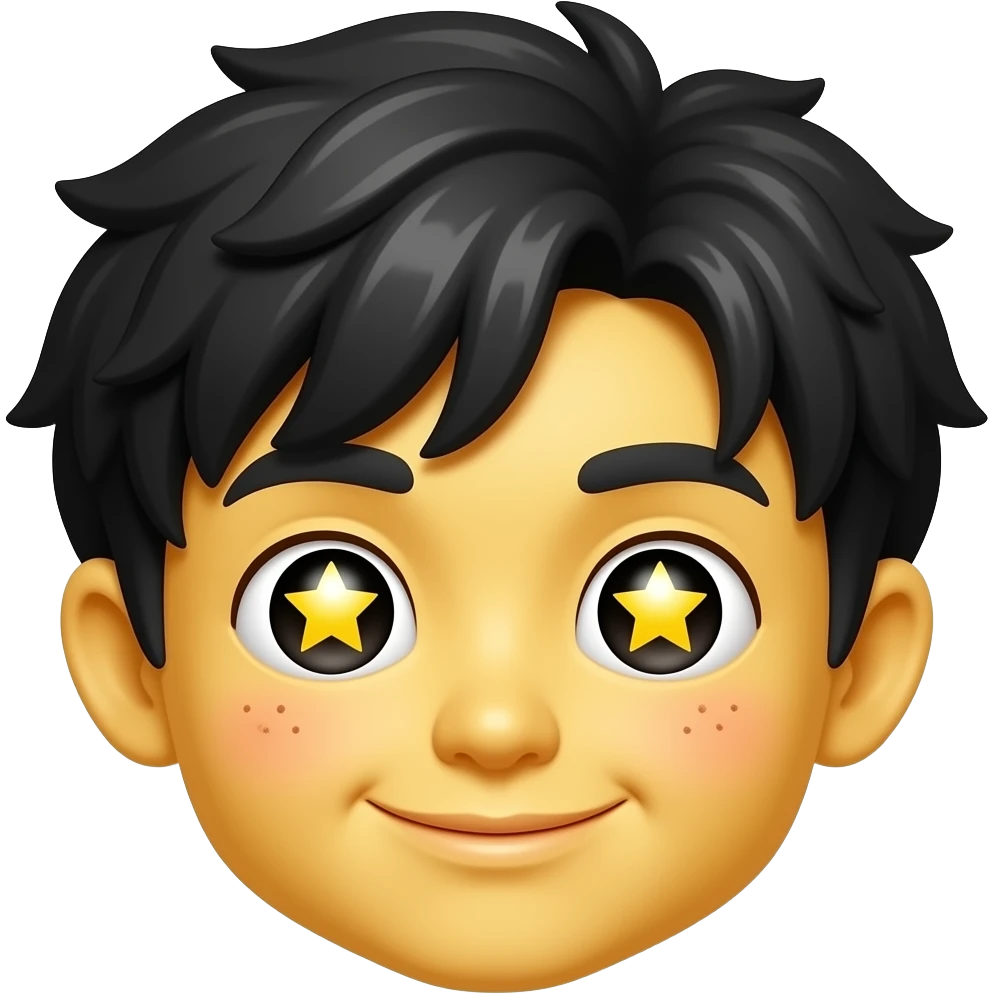🤩 yellow emoji face styled like the classic BIG star-eyes emoji, Korean boy features, black fluffy wavy bangs, small mole under right eye, high nose, soft lips, playful smile emoji