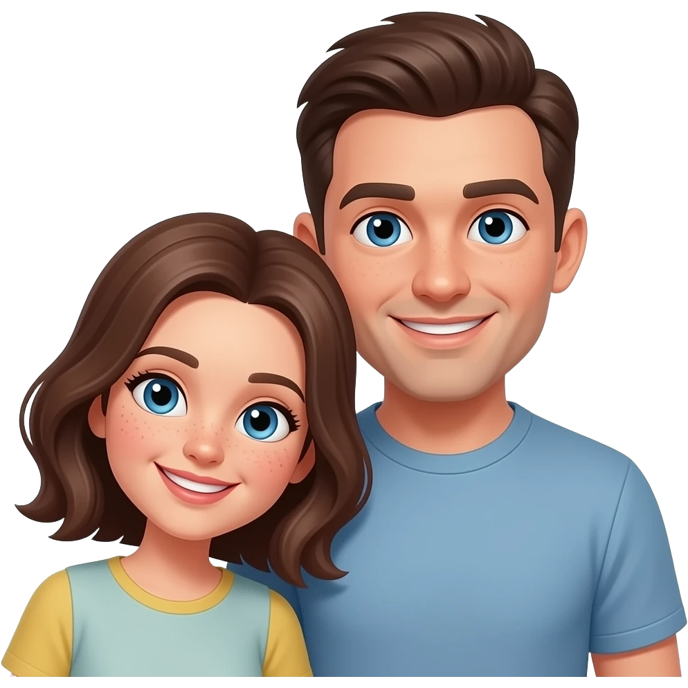 a short woman with medium length brown hair and bright blue eyes and freckles, her head leaning up against a tall man with short dark brown hair and dark blue eyes. both smiling. emoji style emoji