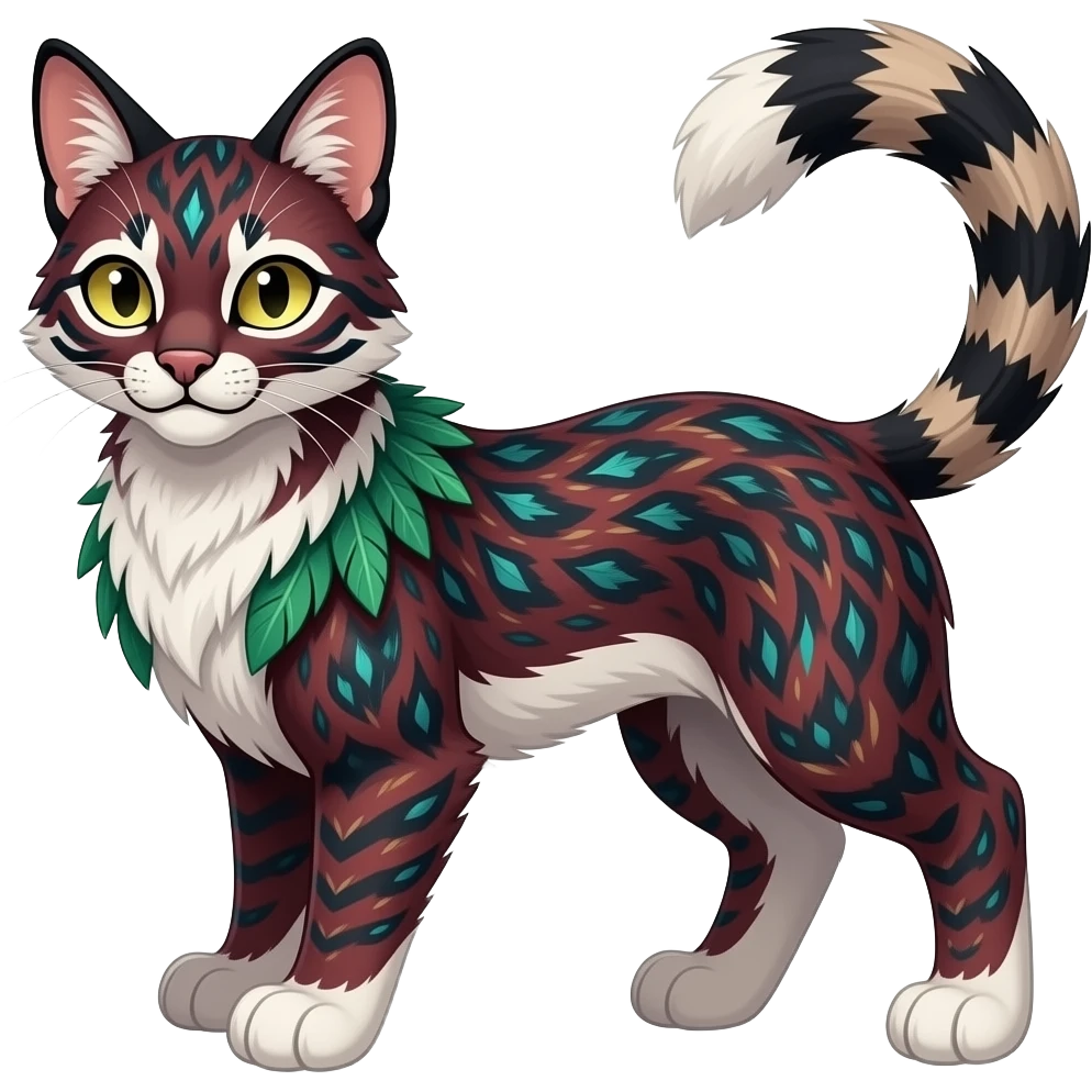 Colorful dark tropical feathery tribal dark burgundy wine-red obsidian-black jade-green white glorious iridescent divine exotic cute cool beautiful beautiful fantasy-caracal-civet-genet-sergal-vernid-Gryphon-Cacomistle-Trico-oncilla-animal-Fakémon-hybrid-fursona (full body) emoji